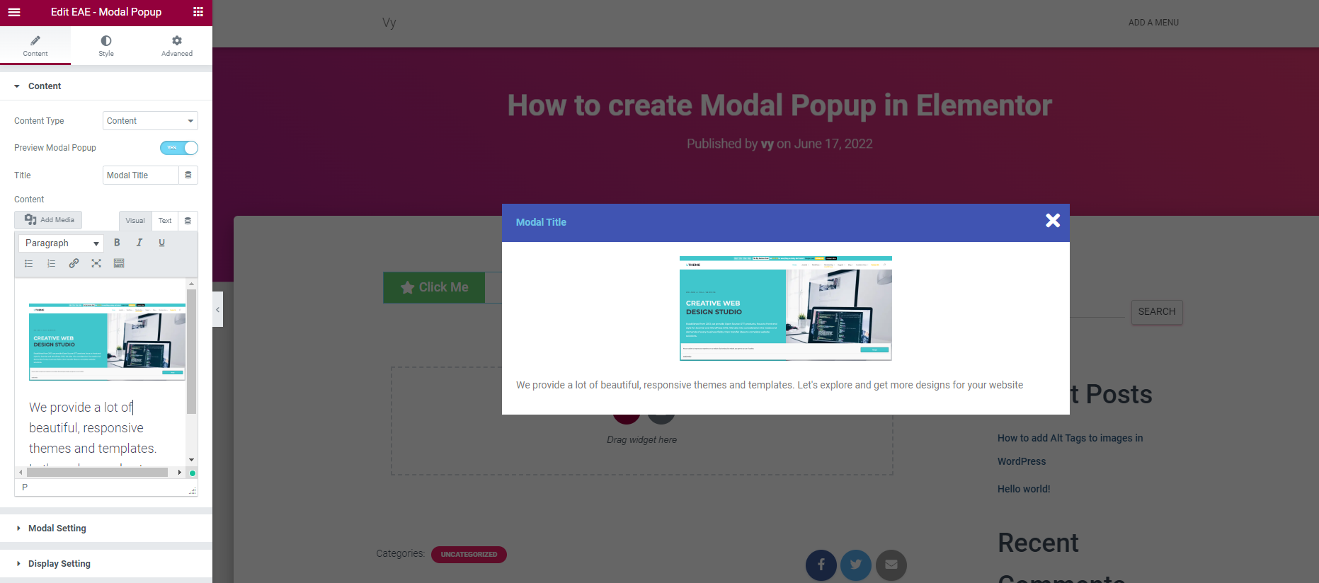 Create Modal Popup In Elementor