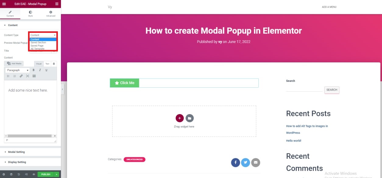 Create Modal Popup In Elementor