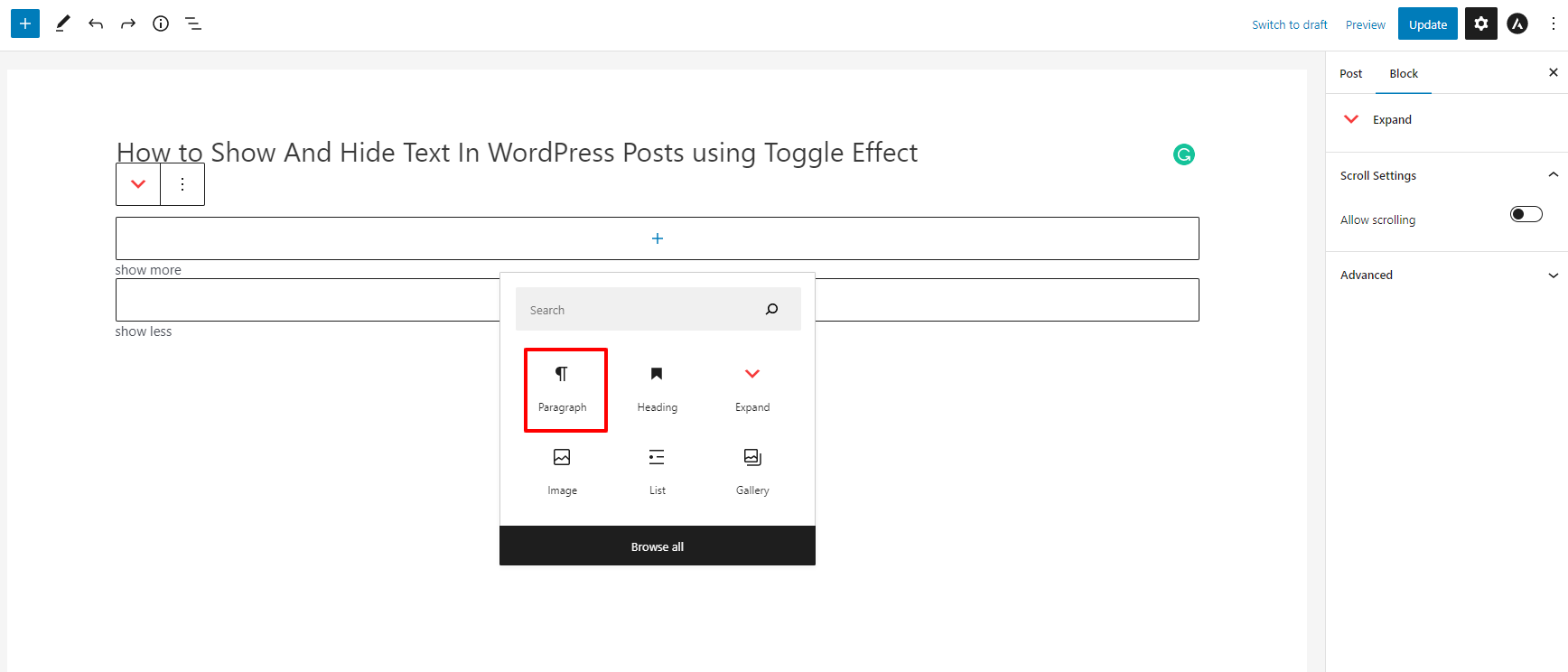 Show And Hide Text In Wordpress Post With Toggle Effect 3