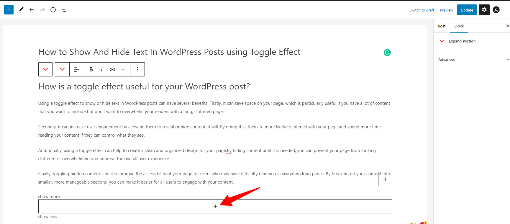 Show And Hide Text In Wordpress Post With Toggle Effect 4