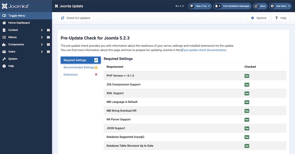 joomla update check