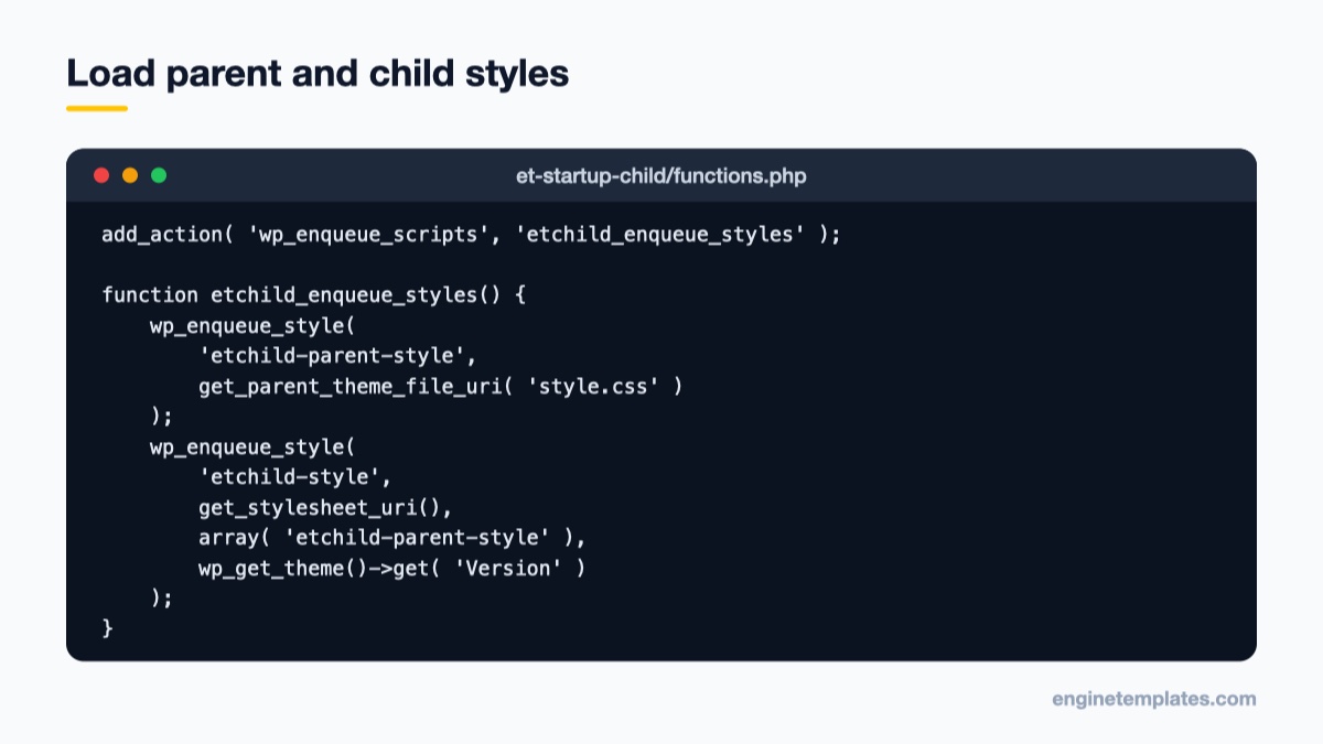 functions.php code that enqueues parent and child theme stylesheets