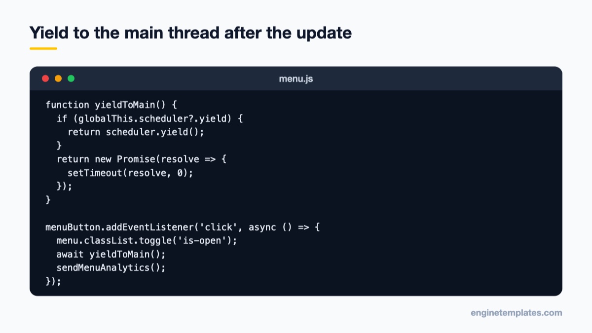JavaScript yieldToMain helper using scheduler.yield with a setTimeout fallback