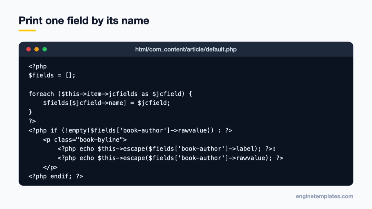 PHP code printing a Joomla custom field by name in an article override