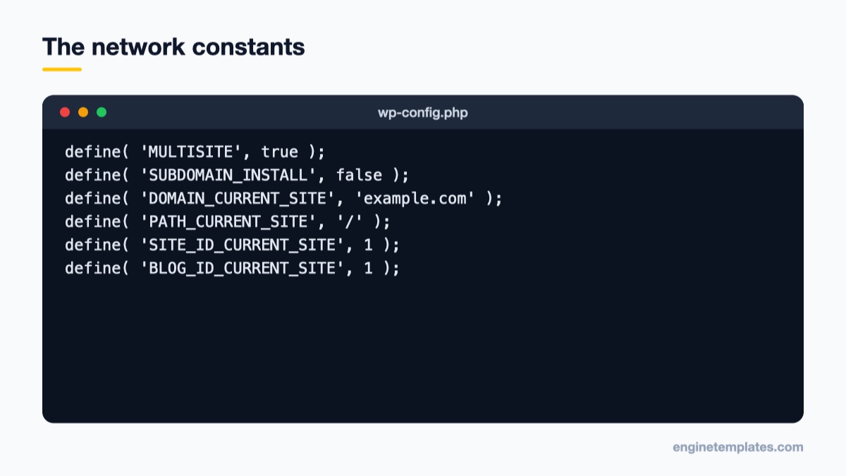 wp-config.php code block with the MULTISITE network constants