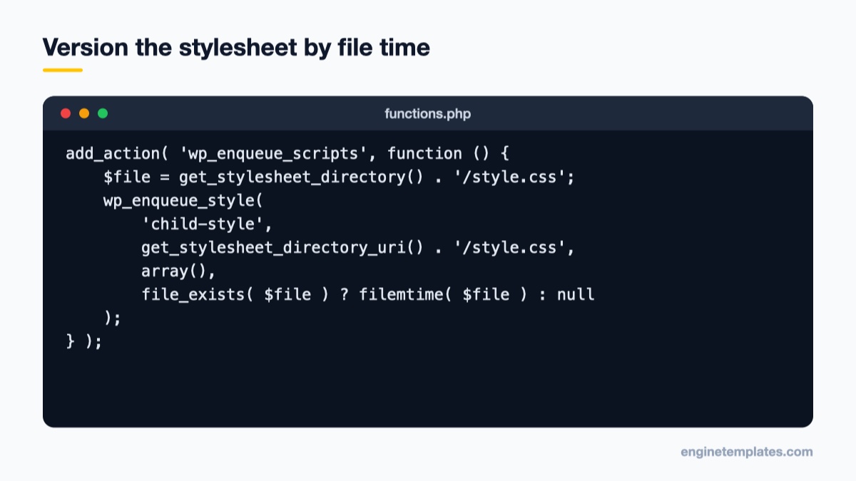 PHP code in functions.php that versions a child theme stylesheet with filemtime