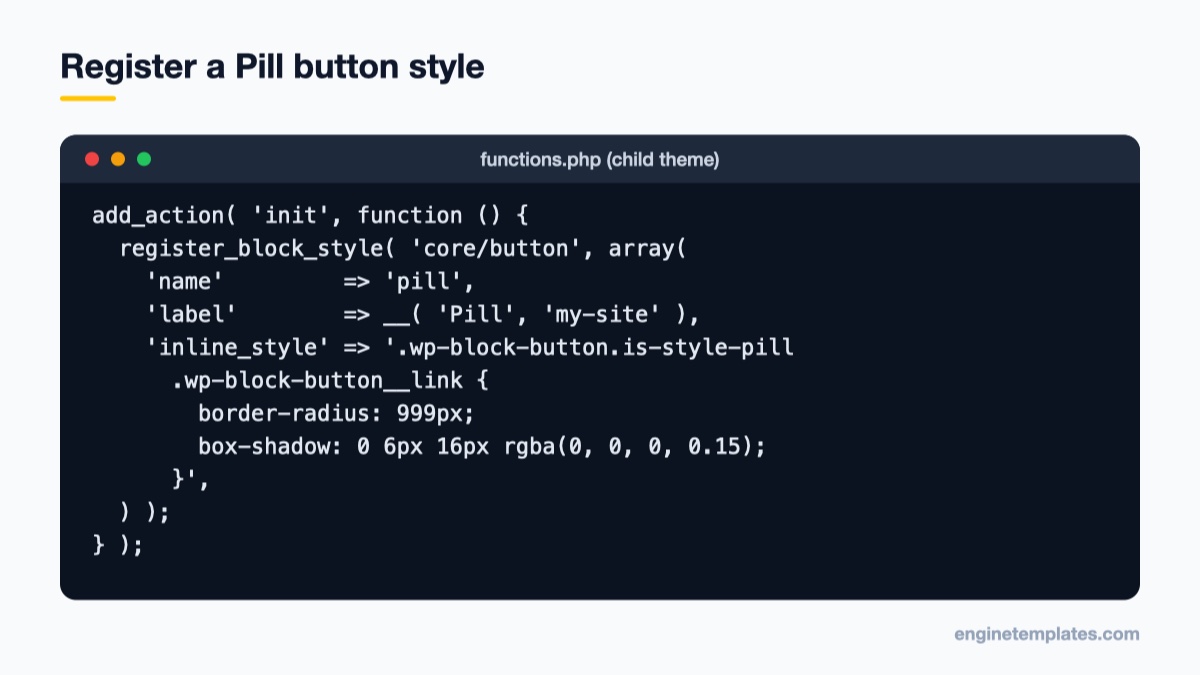 PHP code registering a pill block style for the WordPress Button block