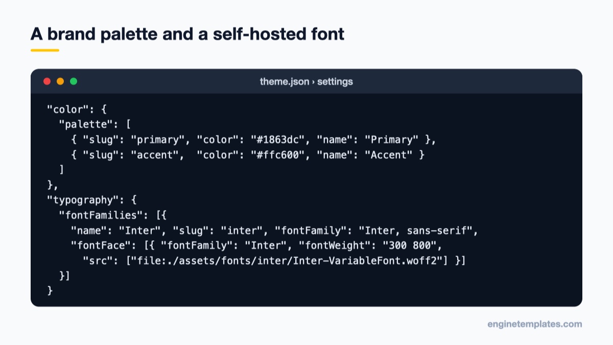 Example WordPress theme.json settings with a colour palette and a self-hosted Inter font